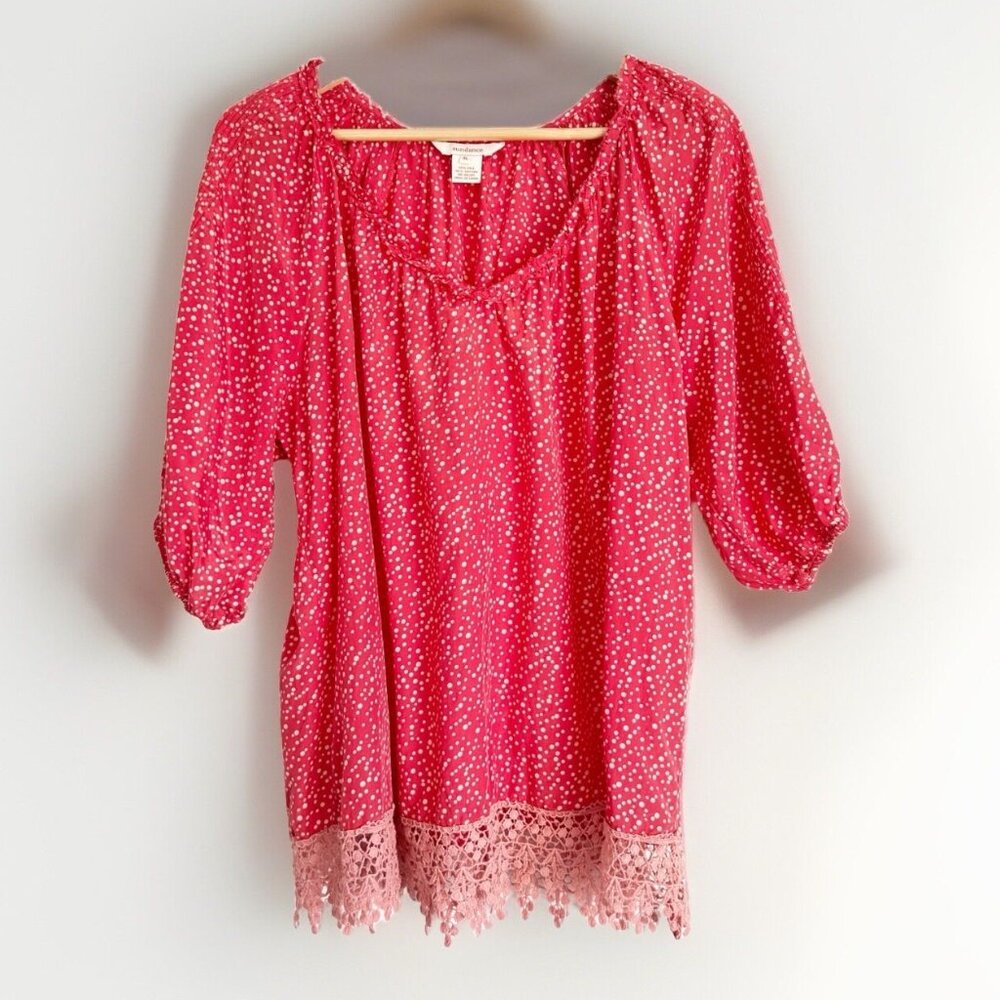 Sundance Silk Blend Red Top Women’s XL Polka Dot Crochet Lace Boho Preppy Travel